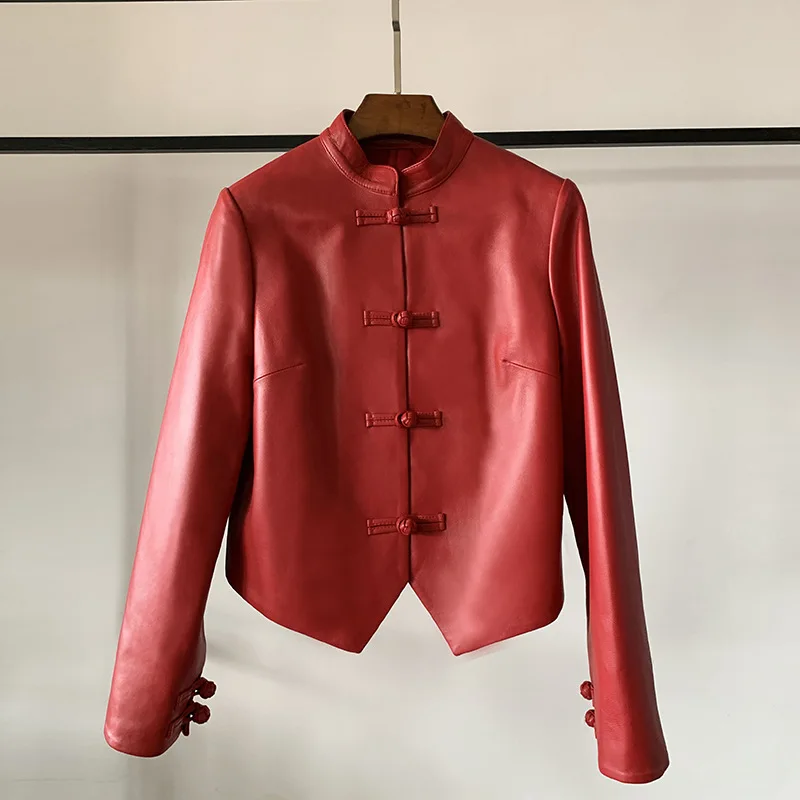 2024 Chinese style buckle genuine leather jacket short style fashionable westernized Tang style standing collar sheep skin top