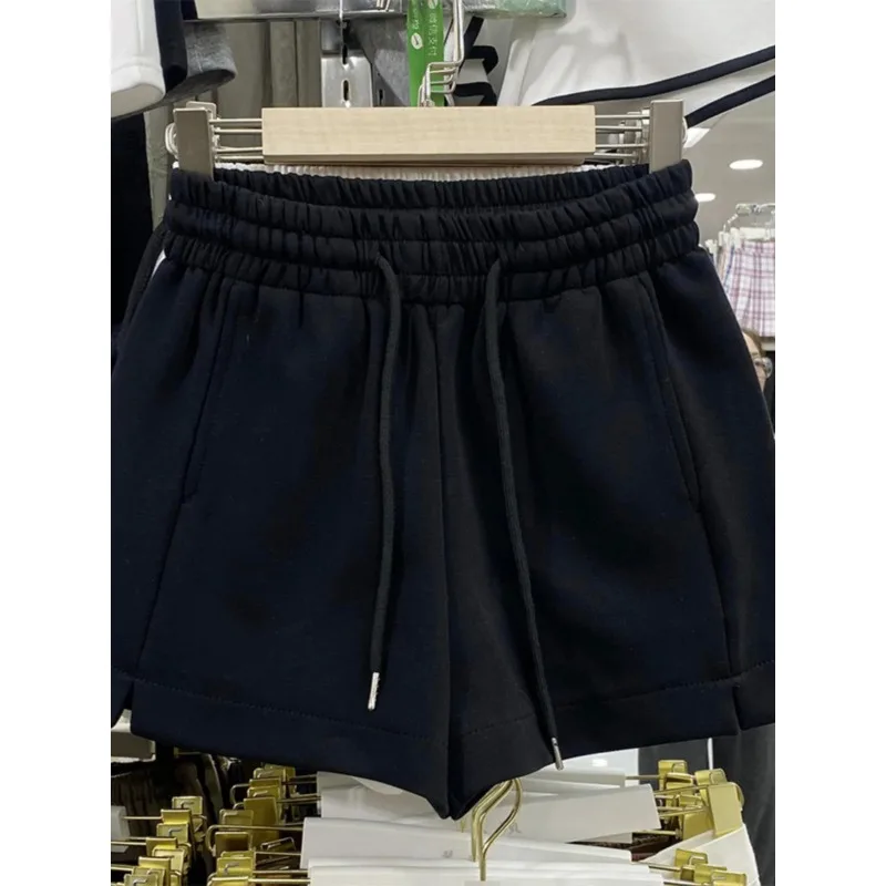 Simple Casual High Waist Side Slit Short Pants Women's Summer 2025 Loose Slim Wide Leg Sports Drawstring Trousers