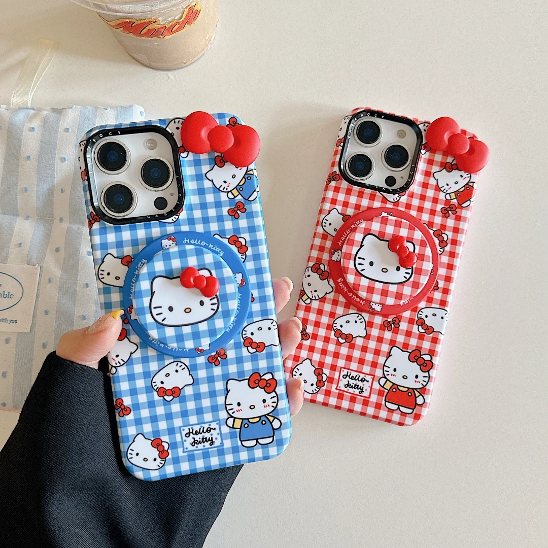 

Hello Kitty Blue Red Chessboard Grid Magnetic Holder Magsafe Wireless Charge Case For iPhone 12 13 14 15 16 17 Pro Max Cover ﻿