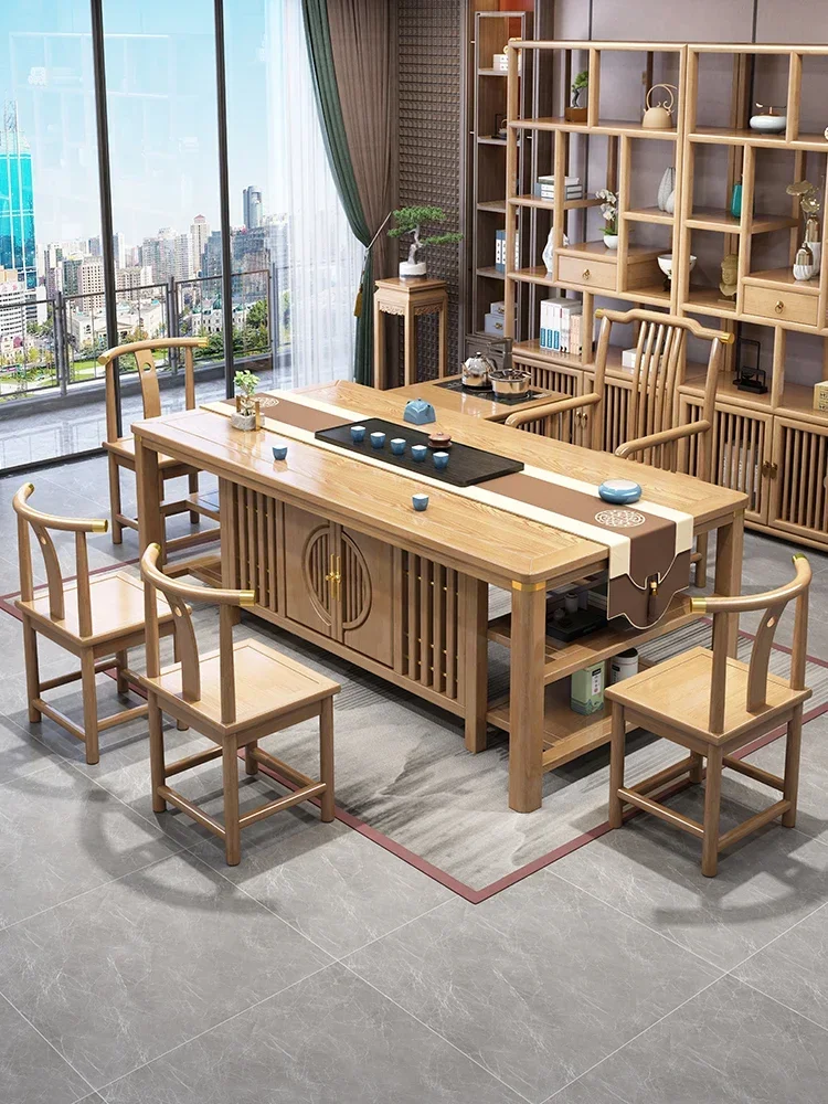 New Chinese style tea table and chair combination, one table and five chair set, integrated solid wood office , natural wood