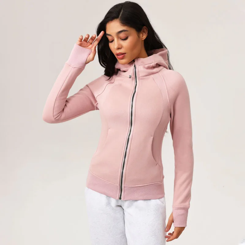سترة رياضية خارجية دافئة من الصوف للنساء بسحاب أمامي ضيق للتخسيس مناسب للشتاء الحراري واليوجا واللياقة البدنية معطف بقلنسوة