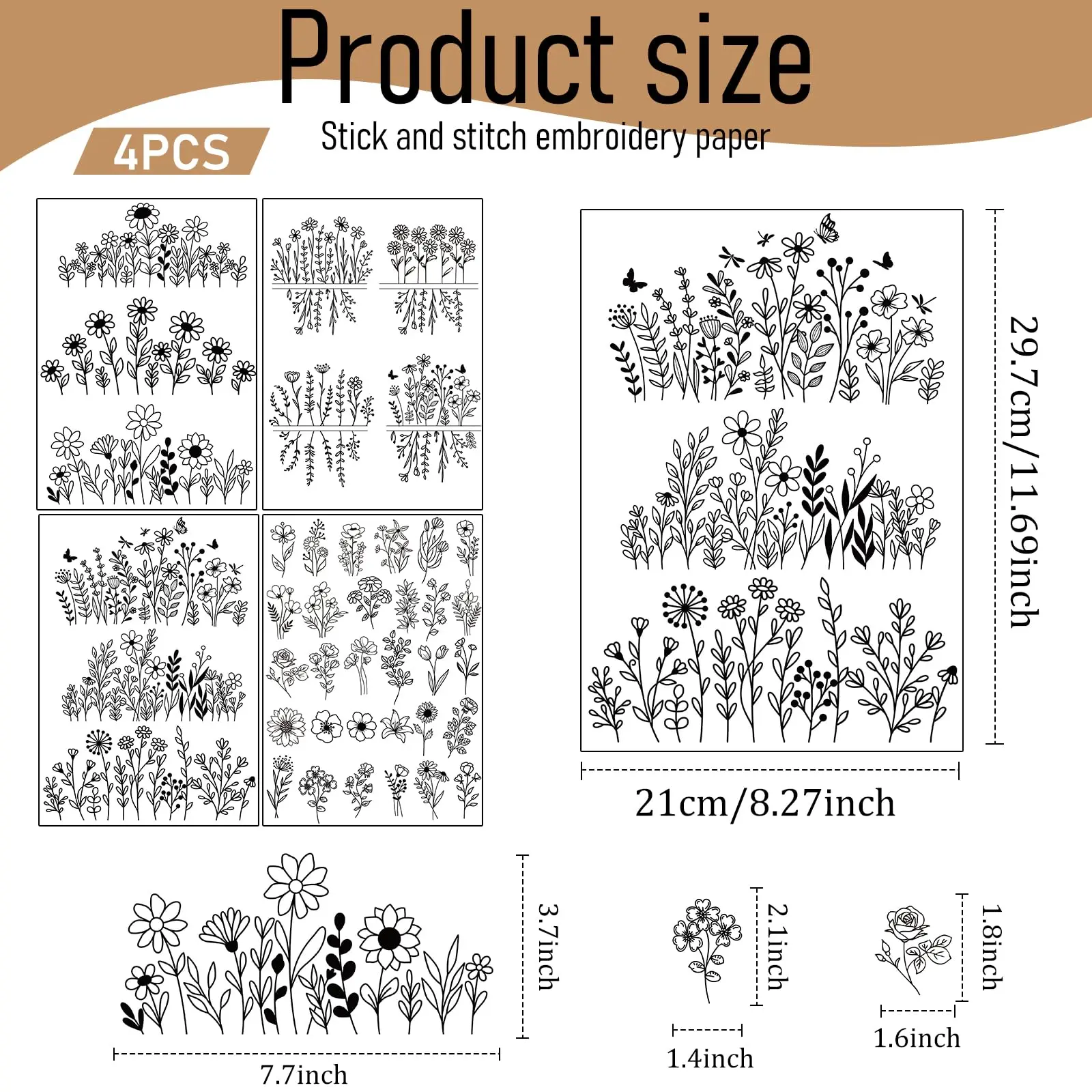 4 SheetS Floral Embroidery Stabilizer - 40 Pre-Printed Stick & Stitch Designs | Water-Soluble Paper for Beginners