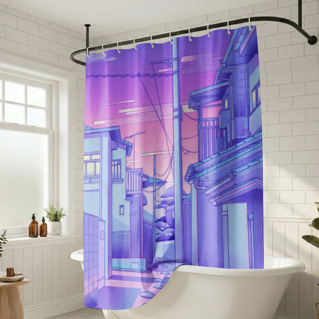 

Японская аниме-шторка для душа в уличном стиле - Креативный эстетичный дизайн с изображением фиолетового города - Декоративная художественная занавеска для ванной комнаты