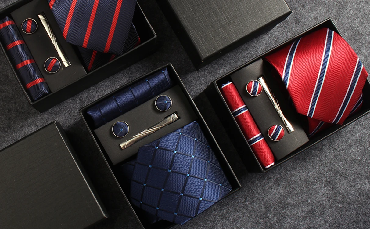 Klassische Herrenkrawatten aus 100 % Seide in Geschenkbox, 8 cm, kariert, gepunktet, gestreift, Business-Krawatte, Einstecktuch, Manschettenknöpfe, Hochzeitskrawatten-Set – Detail 5