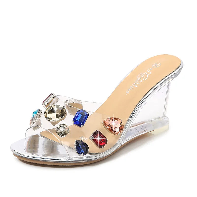 Rhinestone Transparent Slipper Women Open Toe Crystal Luxury High Heels Sandals Female Gems Designer Luxury Wedge Sandals Women