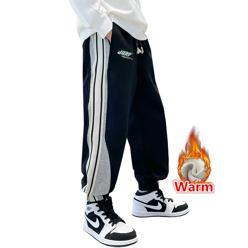 

Boys Winter Warm Fleece-Lined Pants Thermal Trousers Teenage Kids Thick Cotton Sweatpants For Boy Child Side-Stripe Velvet Pants