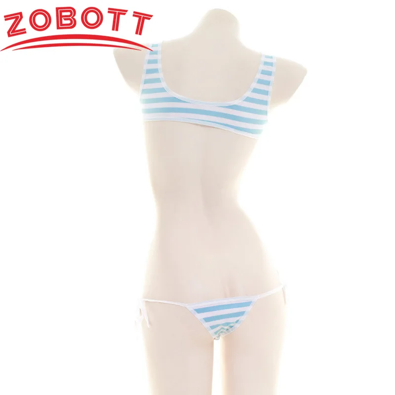 Japanese Sexy Lingerie Lolita Kawaii Blue Pink Striped Mini Bikini Adult Cosplay Erotic Costumes Striped Vest Suit