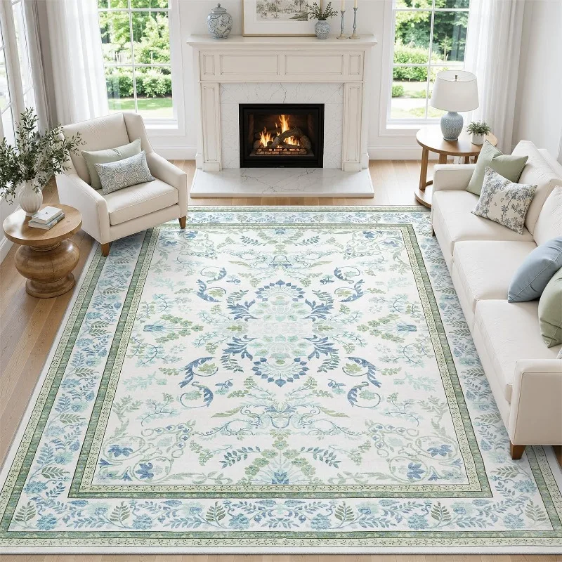 Vintage Persian Blue Green Floral Large Carpet for Living Room American Light Luxury Rug Non-Slip Machine Washable Floor Mat