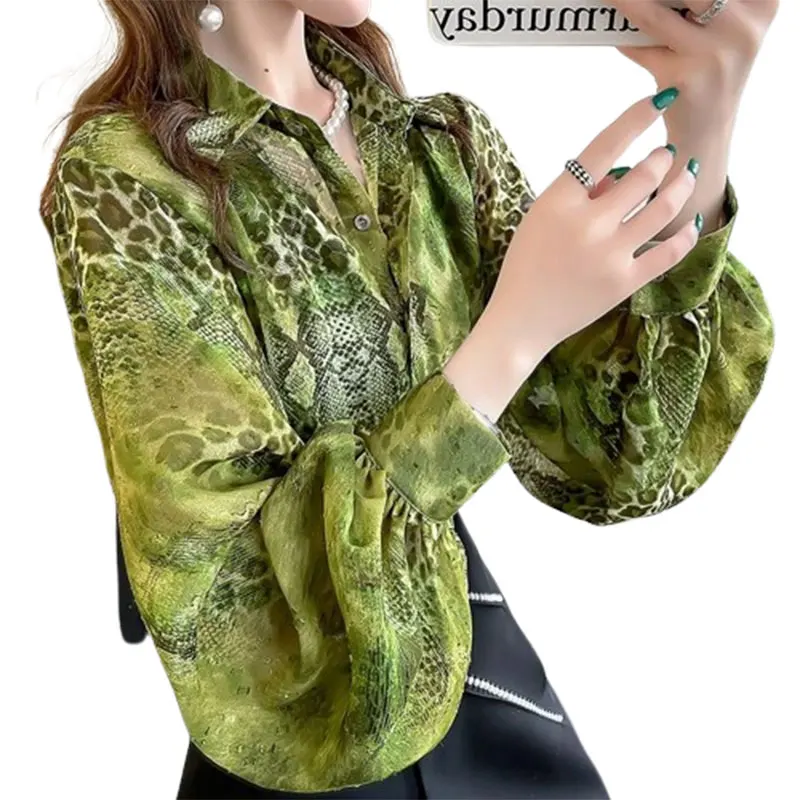 Elegant Fashion Harajuku Slim Fit Shirt Button Printed POLO Collar Long Sleeve Tops Women Loose Casual All Match Female Clothes