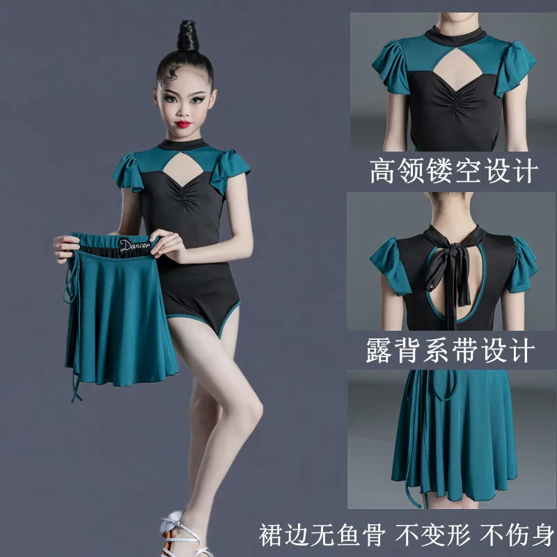 Robe fendue de danse latine léopard pour filles, jupe justaucorps sexy pour enfants, haut de tango, salsa, salle de Rh