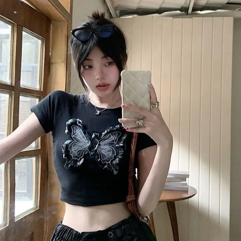 

Fashion O-neck Bowknot Patch T Shirts Thin Short Sleeves Butterfly Patchwork Tops Slim Fit Y2k Crop Top Women Girls
