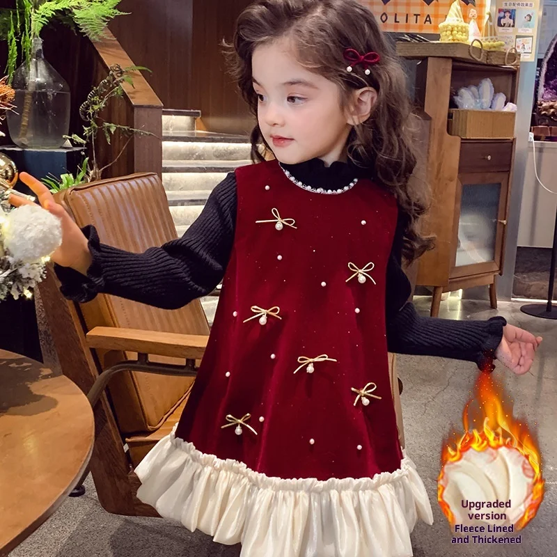 

Платье на флисовой подкладке для девочек, зимняя коллекция, новинка 2025, стильное шикарное детское платье-жилет, торжественное платье для девочек
