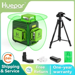 Huepar 12 Lines 3D Self-leveling Cross Line Laser Level Green Beam Alignment Laser Tool Set With Tripod  Bracket Li-ion Battery