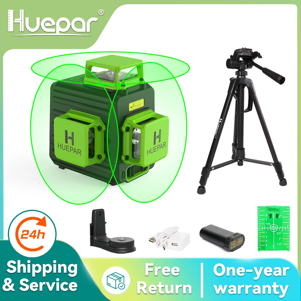 Huepar 12 Lines 3D Self-leveling Cross Line Laser Level Green Beam Alignment Laser Tool Set With Tripod  Bracket Li-ion Battery