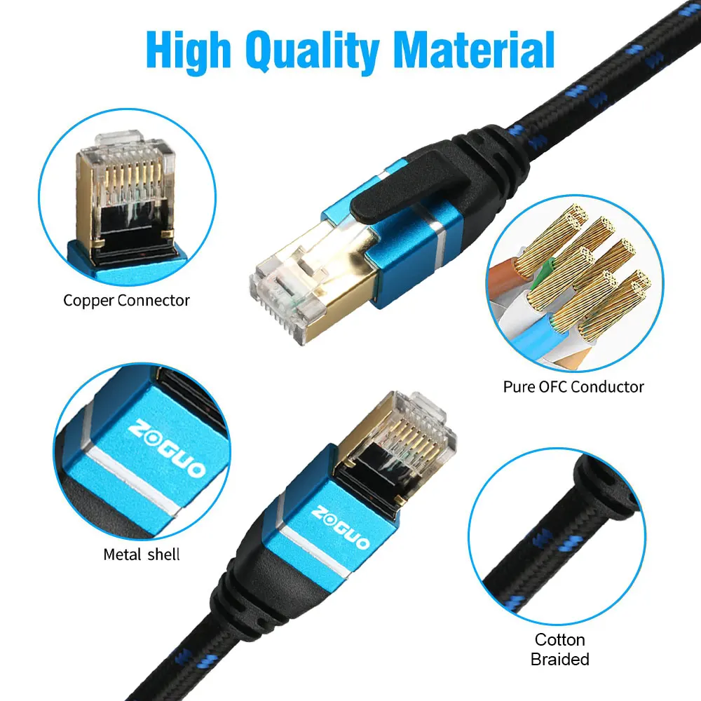 ZOGUO CAT8 Ethernet Cable Router RJ45 Internet Lan SFTP 40Gbps 2000MHz Network with Cotton Braided for Laptop IPTV PS4 CAT8/7/6