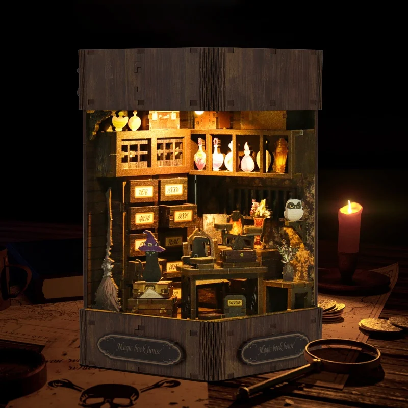 DIY Wooden Magic Book House Miniature Building Kits Detective Agency Doll Houses With Furniture Lights Casa for Friends Gifts