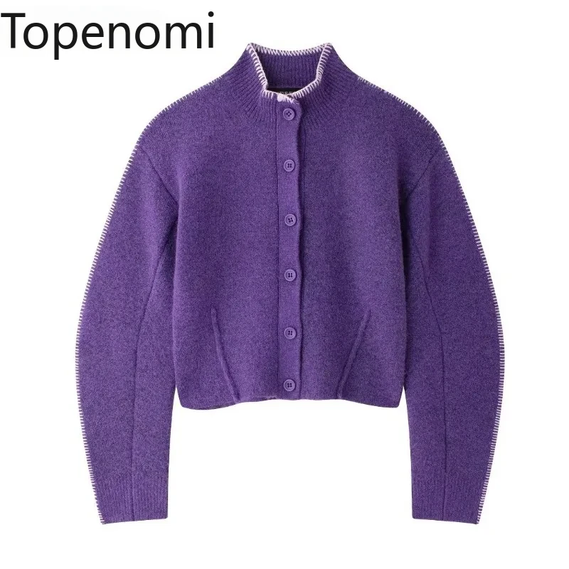 Topenomi Fashion Sweater Coat Women Autumn Winter Stand Collar Lazy Cropped Cardigan French Vintage Casual Knitted Tops Sueters