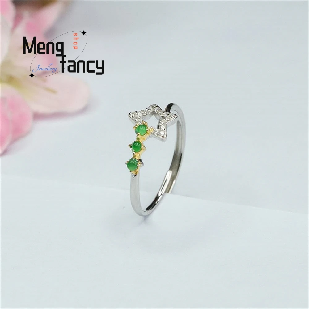 S925 Silver Inlaid Natural Jadeite Stars Ice Type Imperial Green Ring Exquisite Elegant Simple High-grade Luxury Fashion Jewelry