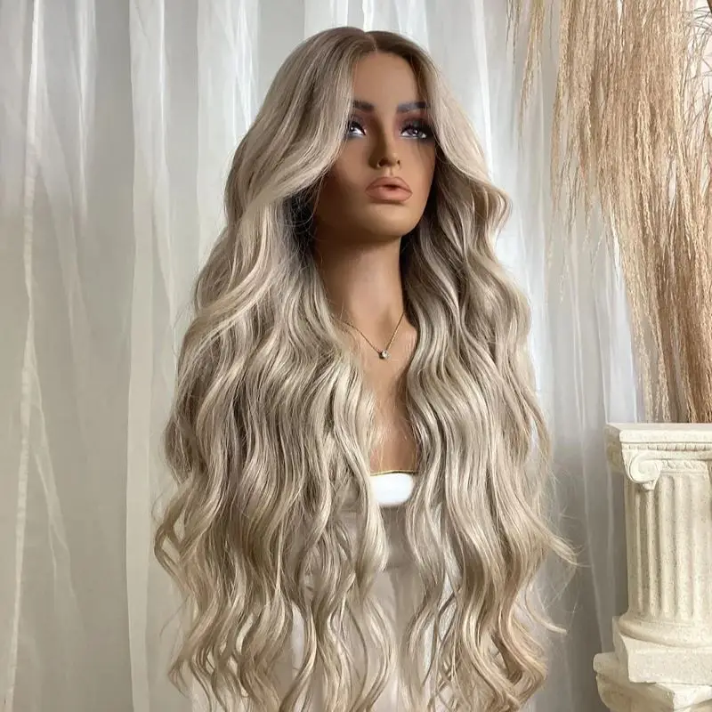 

32-дюймовый супер длинный волнистый женский парик Ombre Пепельно-русый синтетический парик спереди, натуральный предварительно выщипанный волосы, термостойкий парик