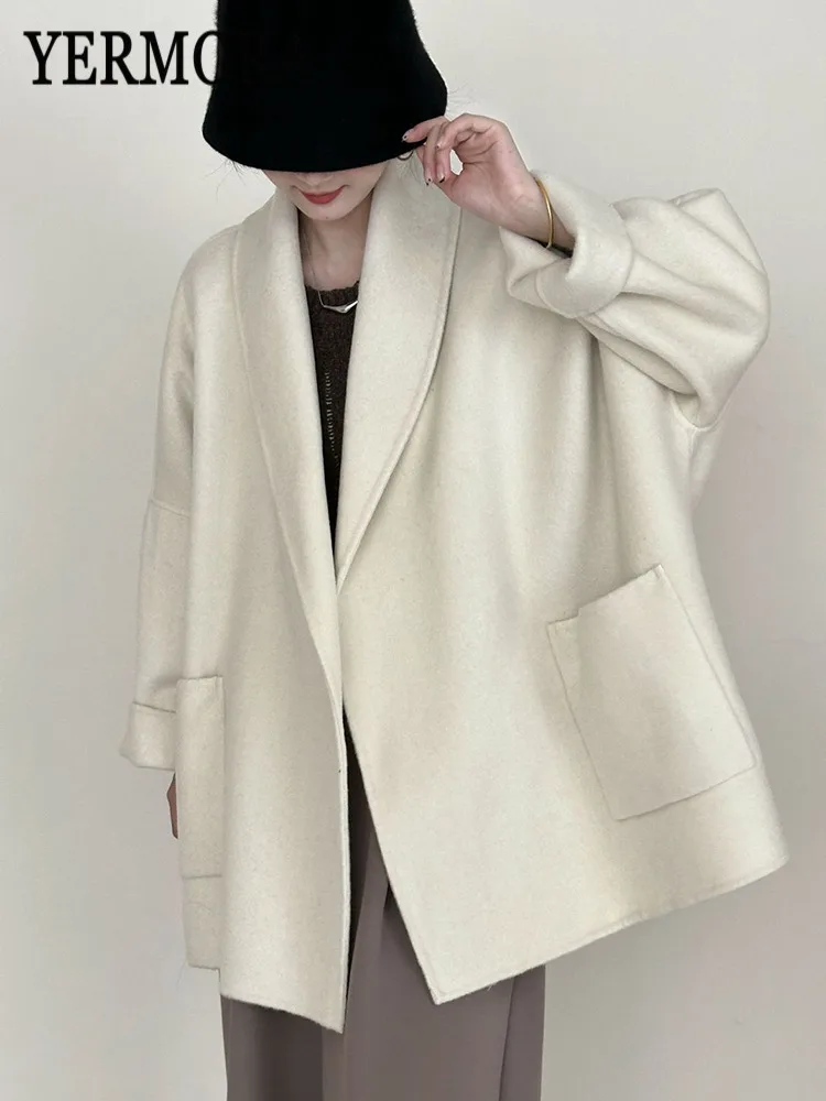 

YERMORA Winter New White Pocket Brief Woolen Short Woolen Coat For Women Lapel Long Sleeve Loose New Jacket Fashion Tide Autumn