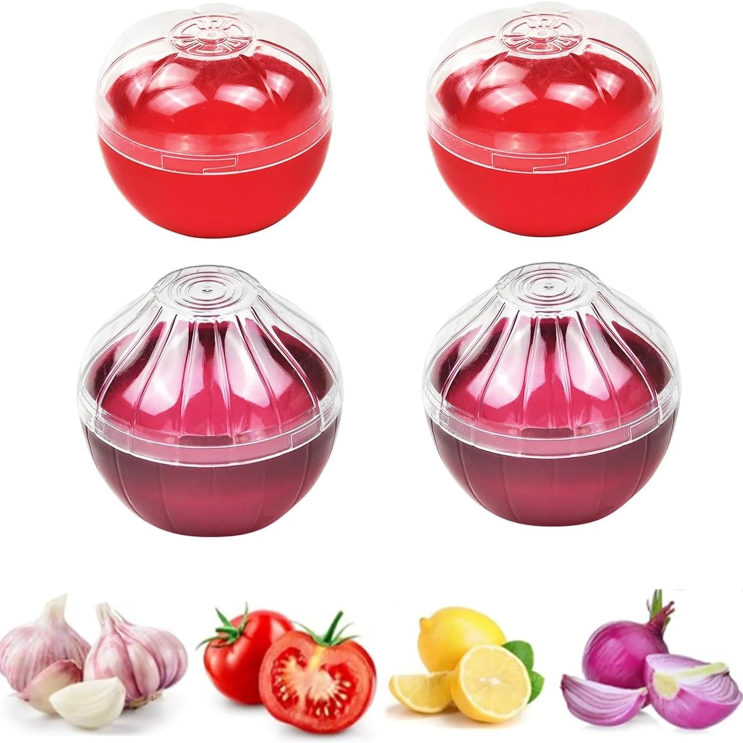 

Vegetable and Fruit Containers for Fridge, 4 Pcs Reusable Food Saver - Tomato, Garlic, Onion, Lemon Holder - Refrigerator Vege