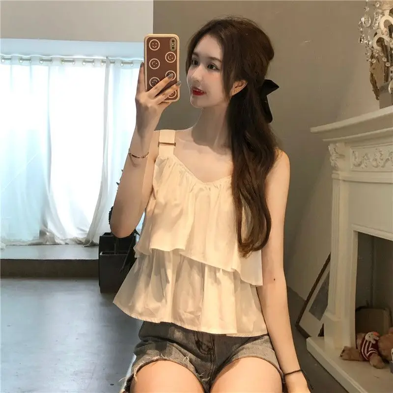 Women Summer Simplicity Loose Fashion Ruffles Solid Color Camisole Women Clothes Casual All-match Appear Thin Hottie Top Tee