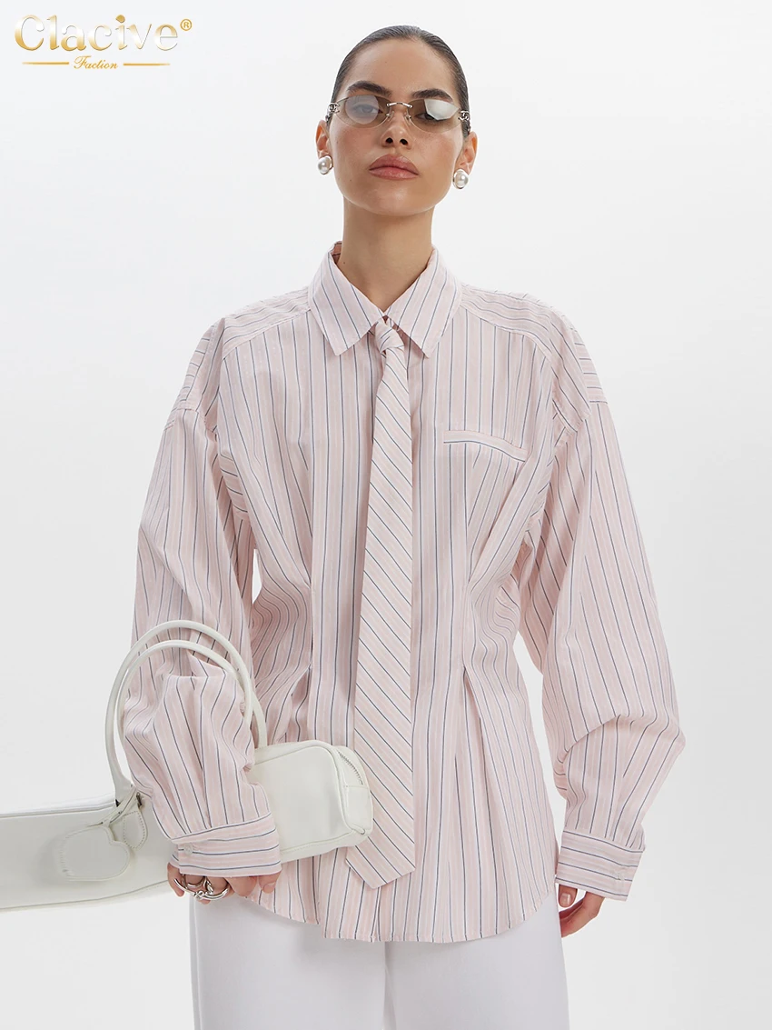 Clacive Fashion Loose Stripe Print Women's Shirt 2025 Casual Lapel Long Sleeve Blouse Elegant Classic Tie Top Female Clothing
