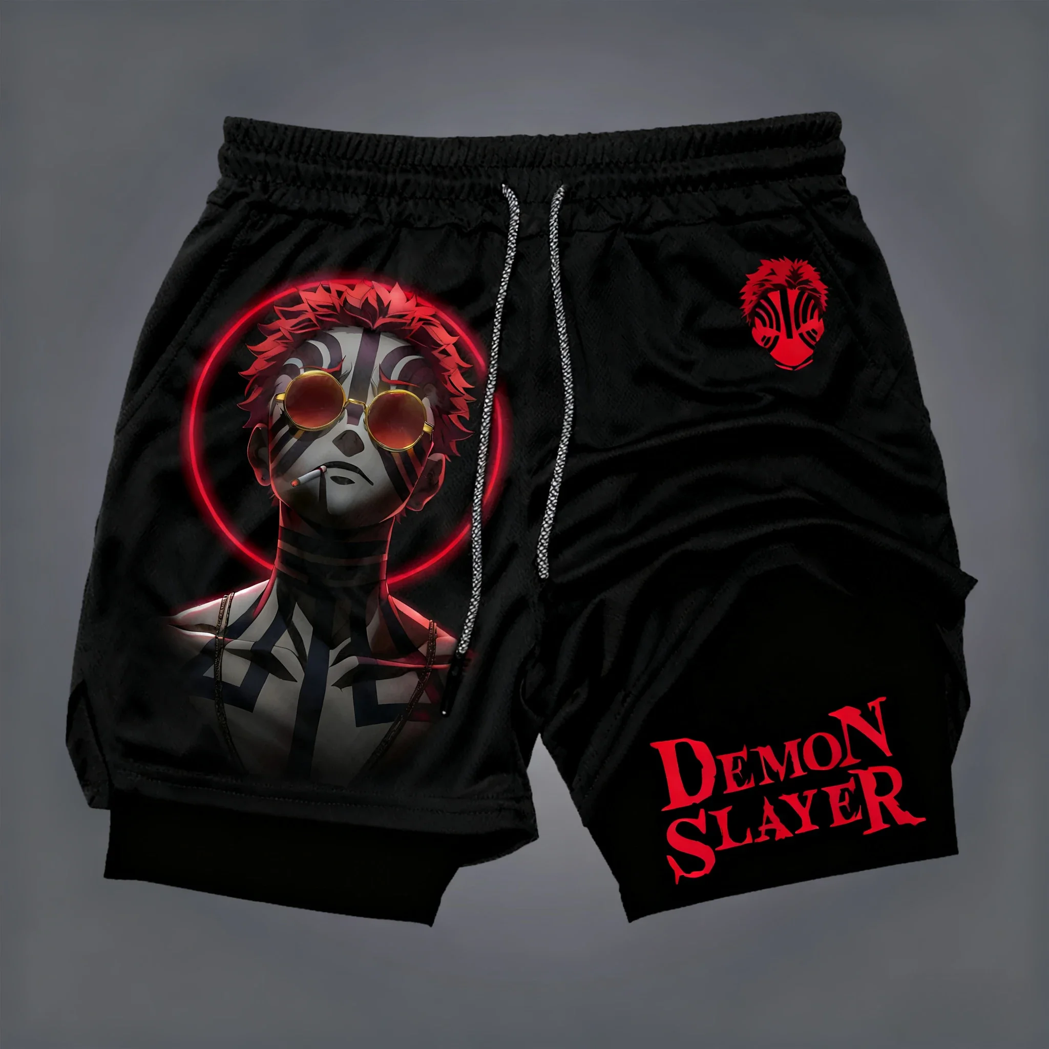 Shorts de camada dupla com estampa de anime Demon Slayer, shorts soltos e elegantes para homens e mulheres de fitness de verão americano