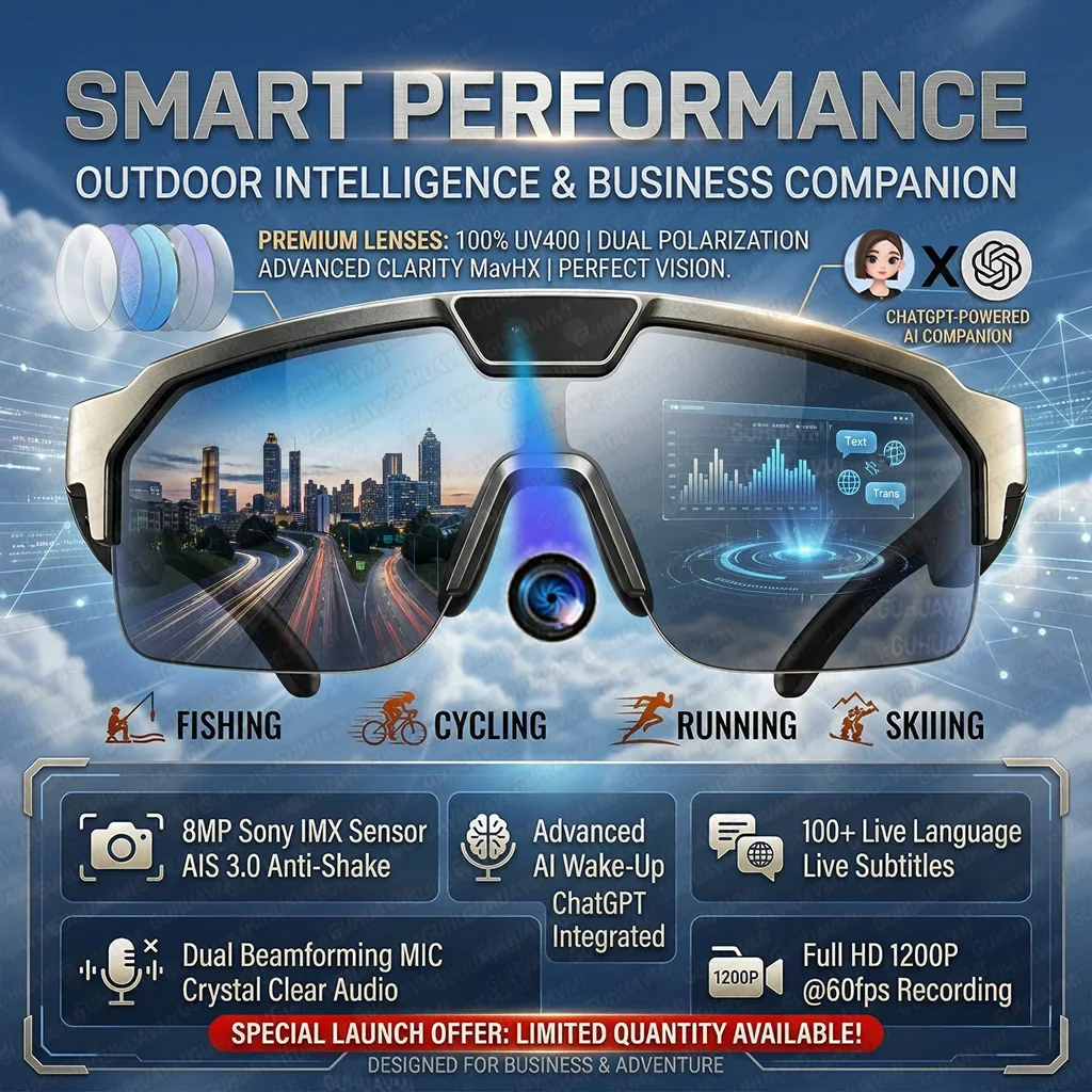 2026 Cycling AI Smart Glasses Men 3000W Camera 1200P Video ChatGPT AI Voice Assistant 32GB 150+Translation WiFi Smart Sunglasses