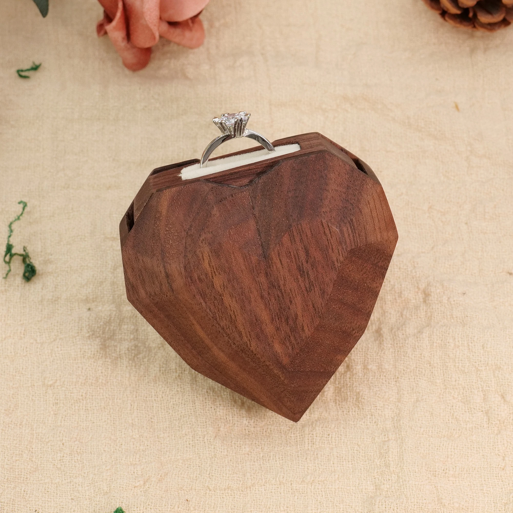 

YOYAI Wooden Heart Shaped Ring Box Rotating Walnut Engagement Ring Box Engraved Ring Box Black Walnut Ring Box with Laser Logo