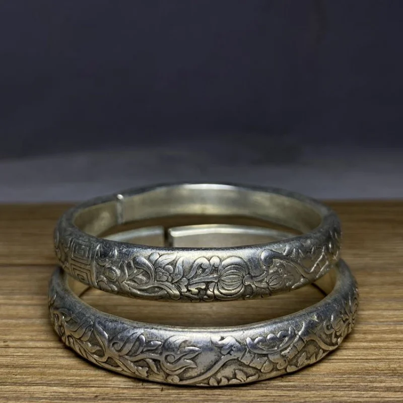 Antique Old Bracelet With Floral Ethnic Design, 925 Silver Vintage Item, Open Bangle Women