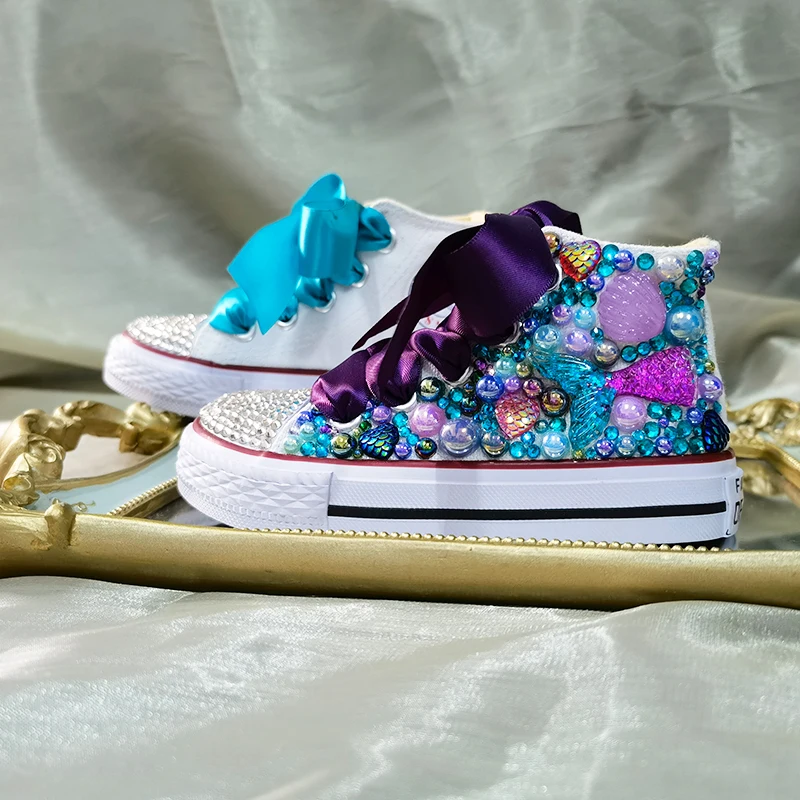 Simulazione di conchiglie fai da te Bling scarpe fatte a mano tela tema oceano bambini ragazza compleanno sirenetta Party High Top Pearls Sneakers