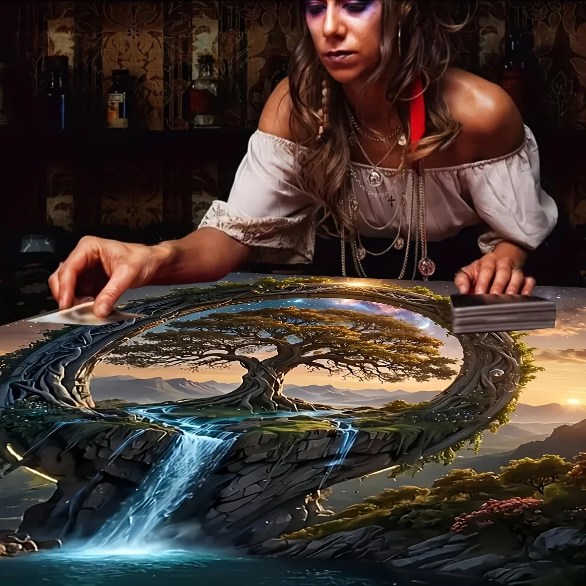 Tapis d'autel de tarot VIKAMA Arbre de Vie Cascade, Tapisserie de table paysagère fantastique et sorcière pour la lecture de cartes de tarot et la divination