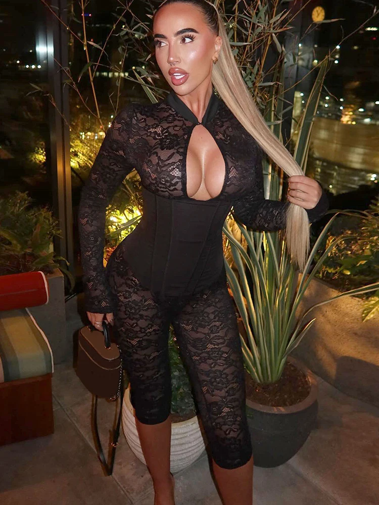 Kliou الدانتيل المرقعة السروال القصير الدعاوى المرأة مثير الجوف الوقوف طوق كم كامل نحيل بلايسوت + تانك القمم محب 2 قطعة مجموعة #2