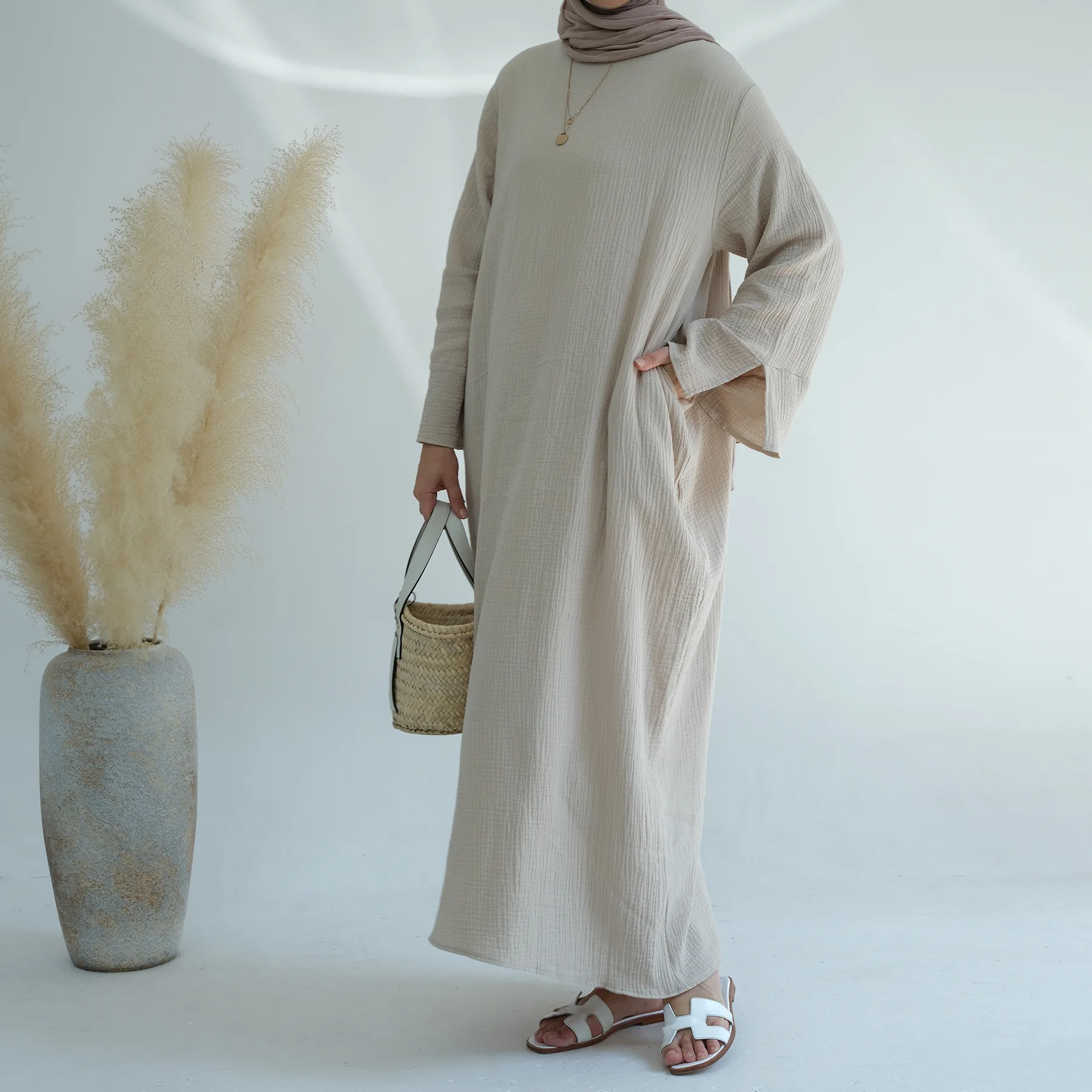 Vestido largo de algodón Abaya para mujer, Kimono musulmán de Eid Ramadán, vestido largo turco de Dubái, caftán marroquí para primavera e invierno