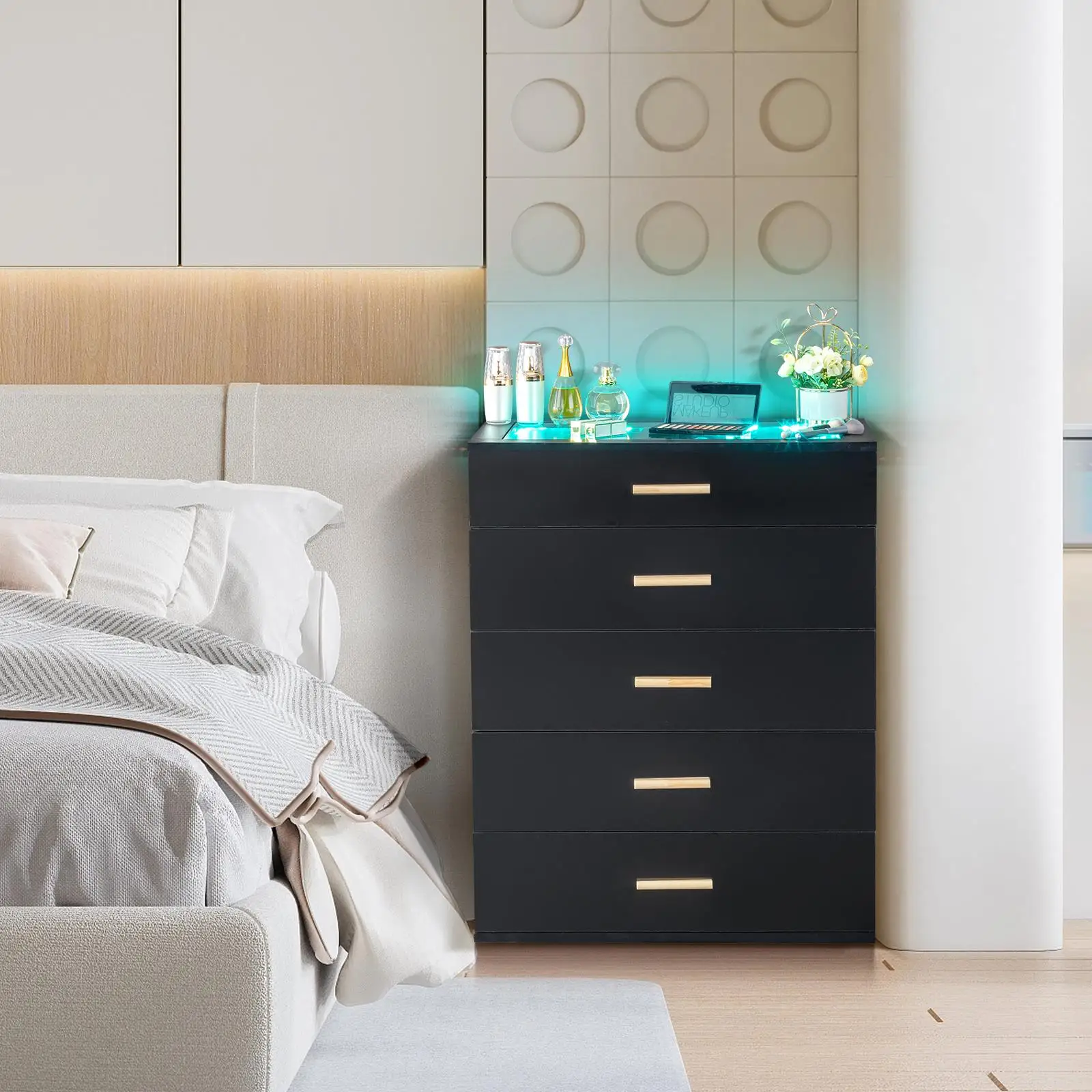 RGB Light Drawer Cabinet 66x35x83cm - Black Pitted Particleboard & Tempered Glass, 5 Drawers, Stylish Design