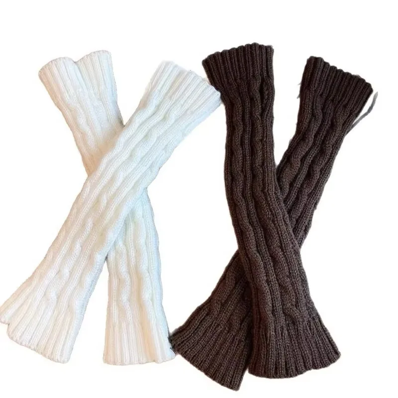 Women's Soft Warm Knitted Arm Warmers,Cable Knit Fingerless Gloves,White Winter Hand Accessories