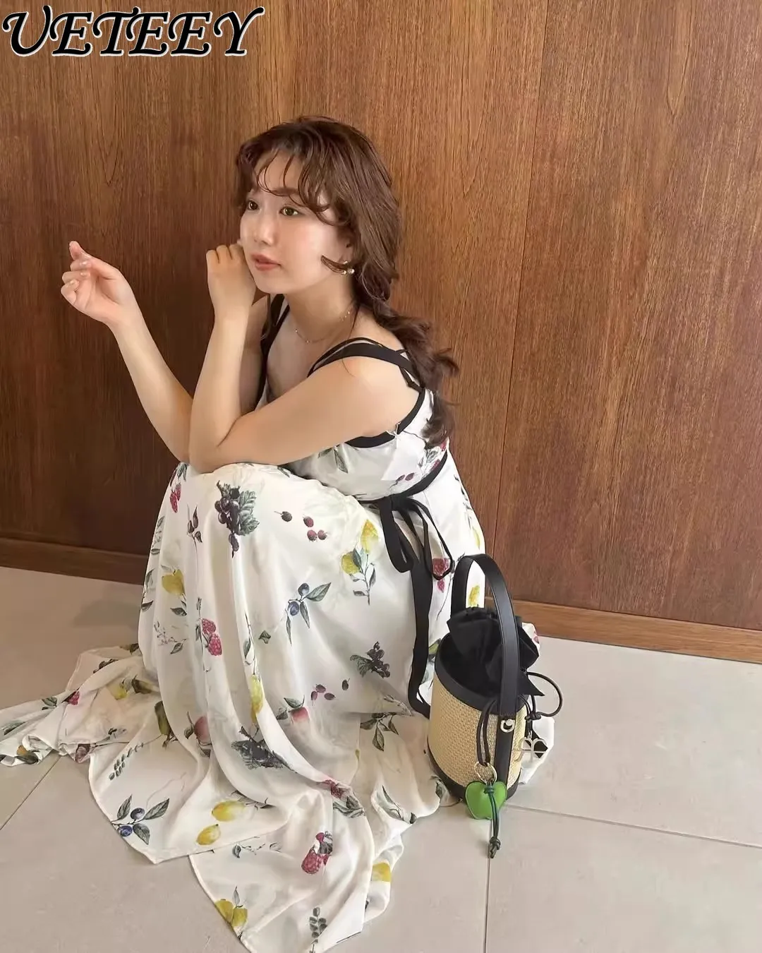 2025 신상 여름 일본 신상 과일 프린트 멜빵 원피스 여성 섹시 슬림 쉬폰 원피스 오피스룩 롱 원피스