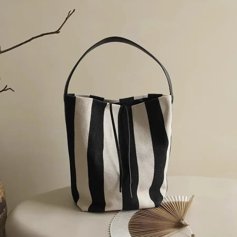 Bolso de mano de lona a rayas para mujer, bolsa de hombro suave, Simple, a la moda, de alta capacidad