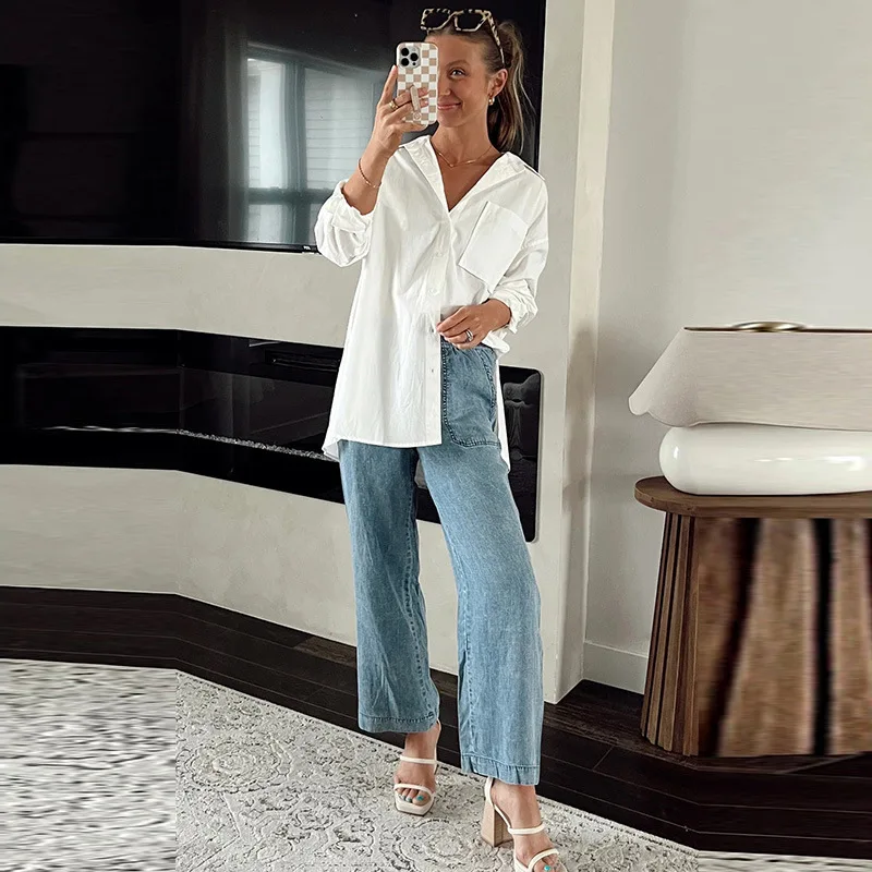 ジーンズ女性デニムストレートパンツストリートレースアップ弾性ウエストポケットユーズド加工洗浄ヴィンテージ 2025 足首丈のズボン