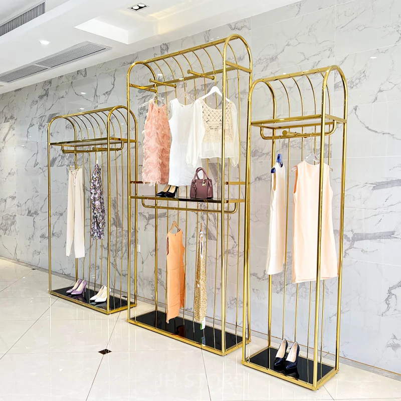 customized.High End Floor Standing Golden Stainless Steel Garment Clothing Display Racks Boutique Clothes Store