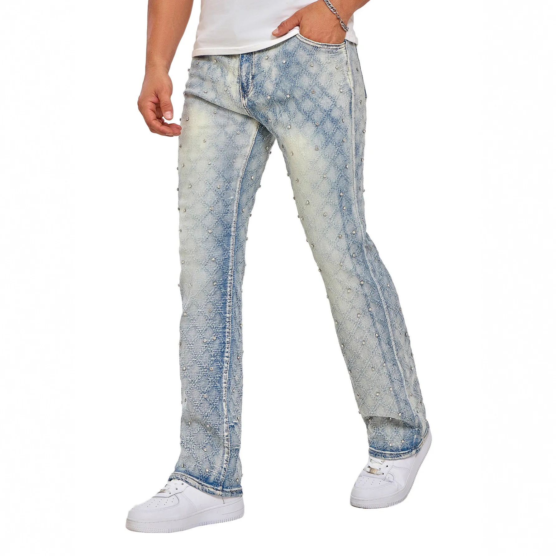 กางเกงยีนส์ทรงตรงผ้ายีนส์ยืดลายลูกปัดสำหรับผู้ชาย แฟชั่นยุโรปสุดฮิต