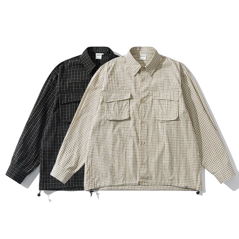 

3D Pocket Hem Drawstring Plaid Shirt Men Women Japanese Streetwear Cityboy Fashion Loose Casual Long Sleeve Cargo Shirts