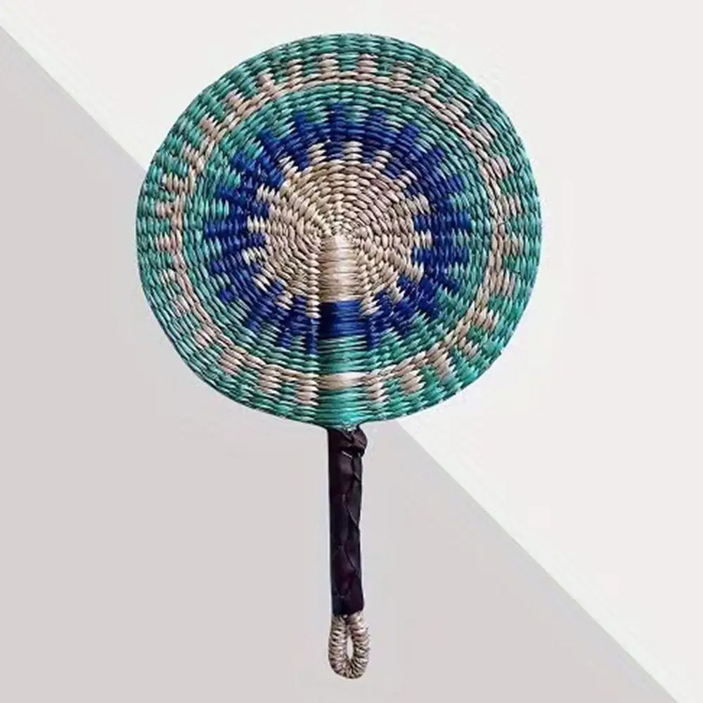 Colorful Striped Patterns Seagrass Woven Fan Bohemian Vintage Hand Braided Fan Lightweight Portable Decorative Handheld Fans