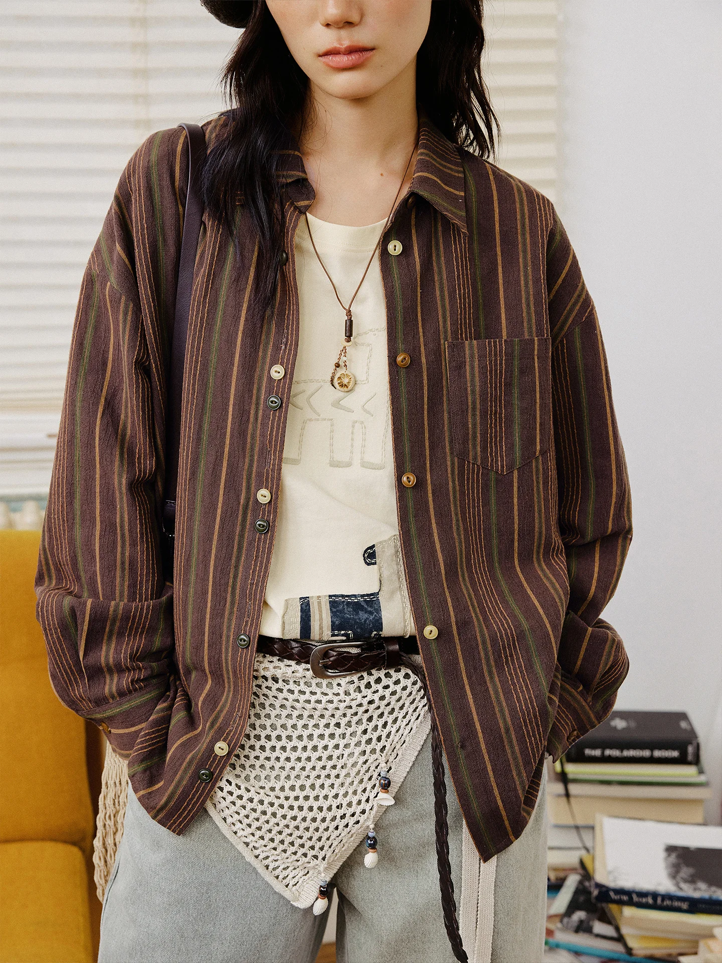 

Женская полосатая рубашка Octopusme с длинным рукавом на пуговицах, повседневная, свободного кроя, для многослойных образов, весенняя, из смесового хлопка