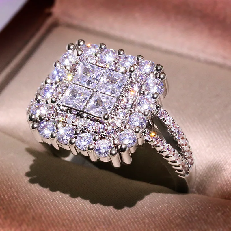 

Gorgeous Square Shape Ring For WomenS925 Silver Full Bling Iced Out Micro Pave Crystal Zircon Dazzling Bridal Wedding Engage