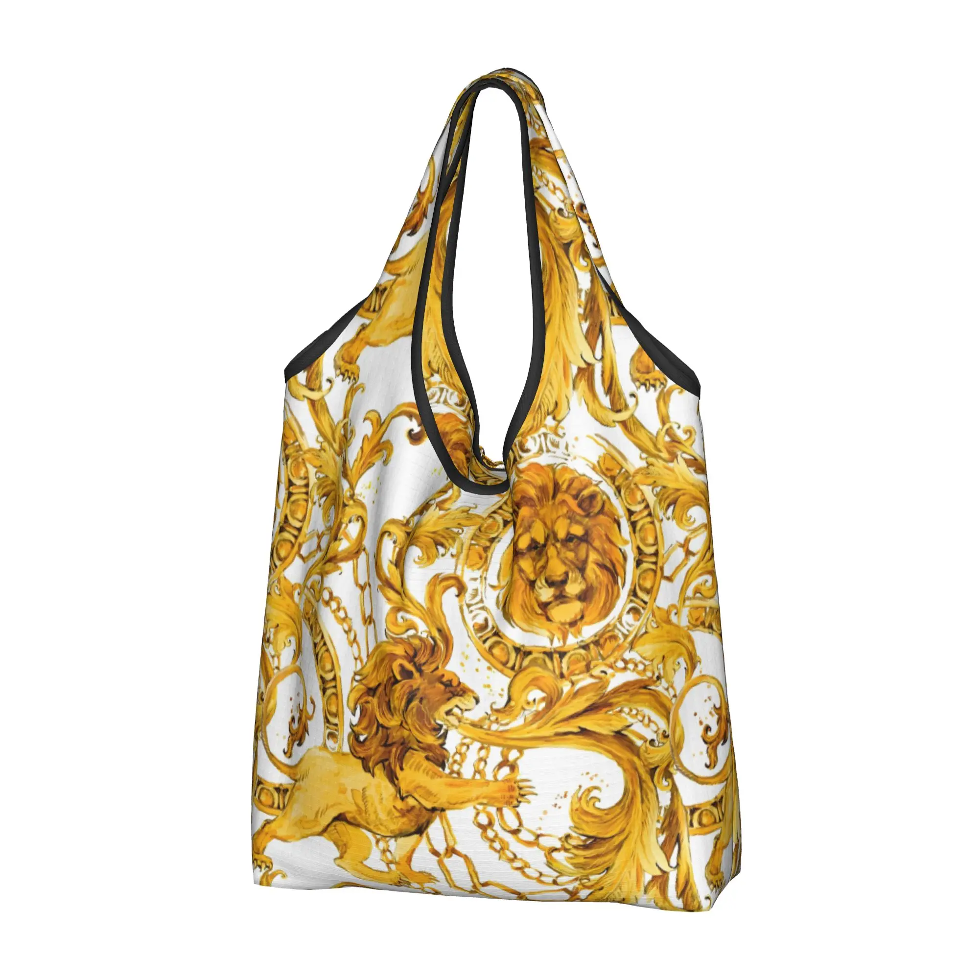 Fashion Baroque Golden Lion And Damask Ornament  Shopping Tote Bags Portable Luxury Floral  Groceries Shoulder Shopper Bag