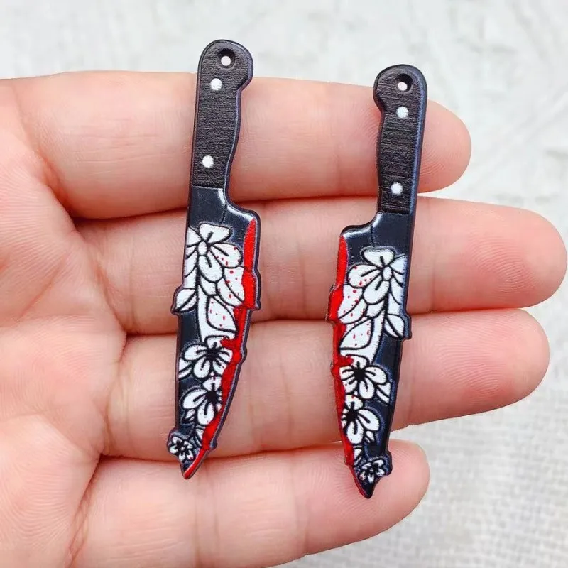 Double-Sided Gothic Black Flower Dagger Acrylic Charms, 10pcs