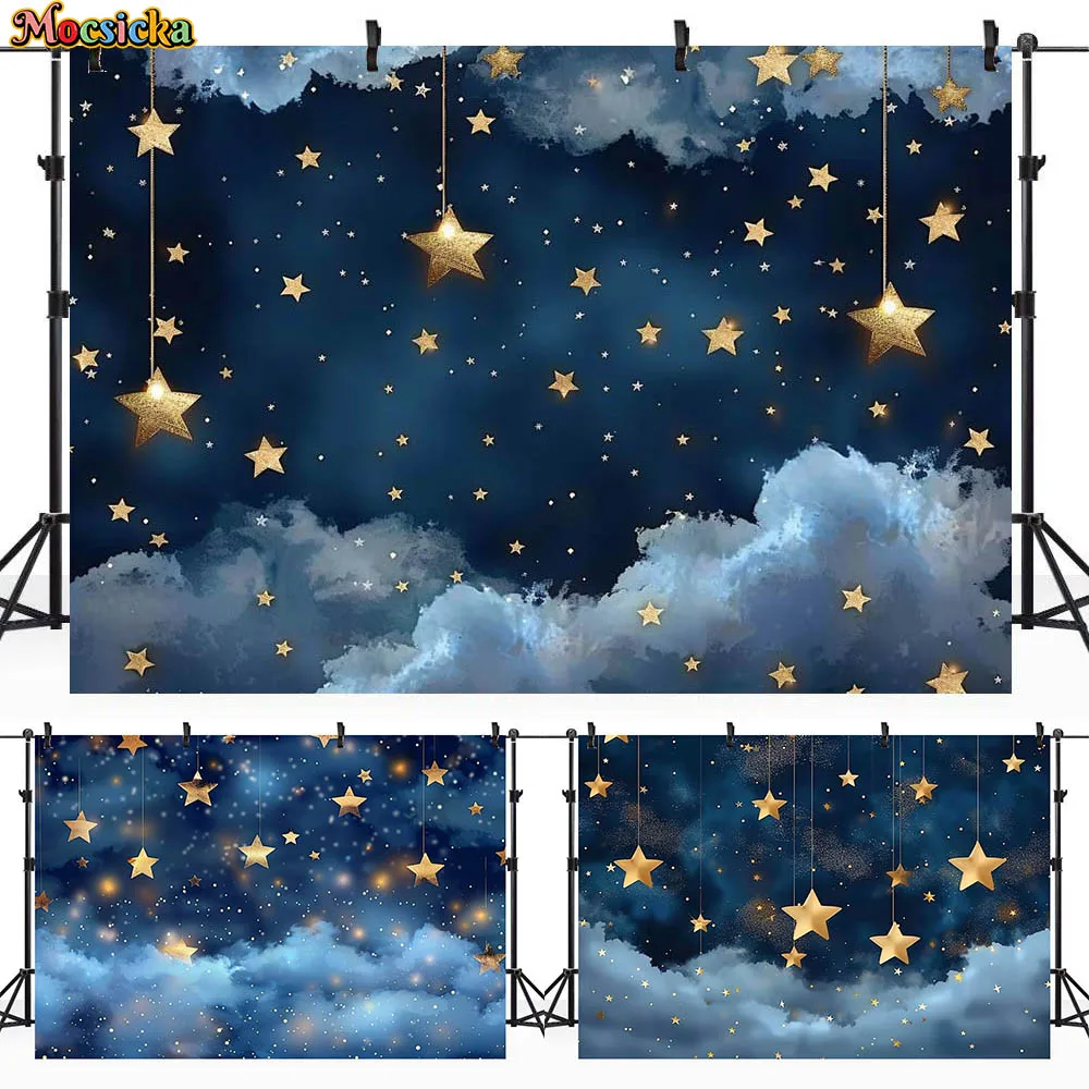 

Mocsicka Newborn Backdrop for Photography Night Starry Sky Clouds Golden Stars Baby Children Portrait Photo Background Photocall