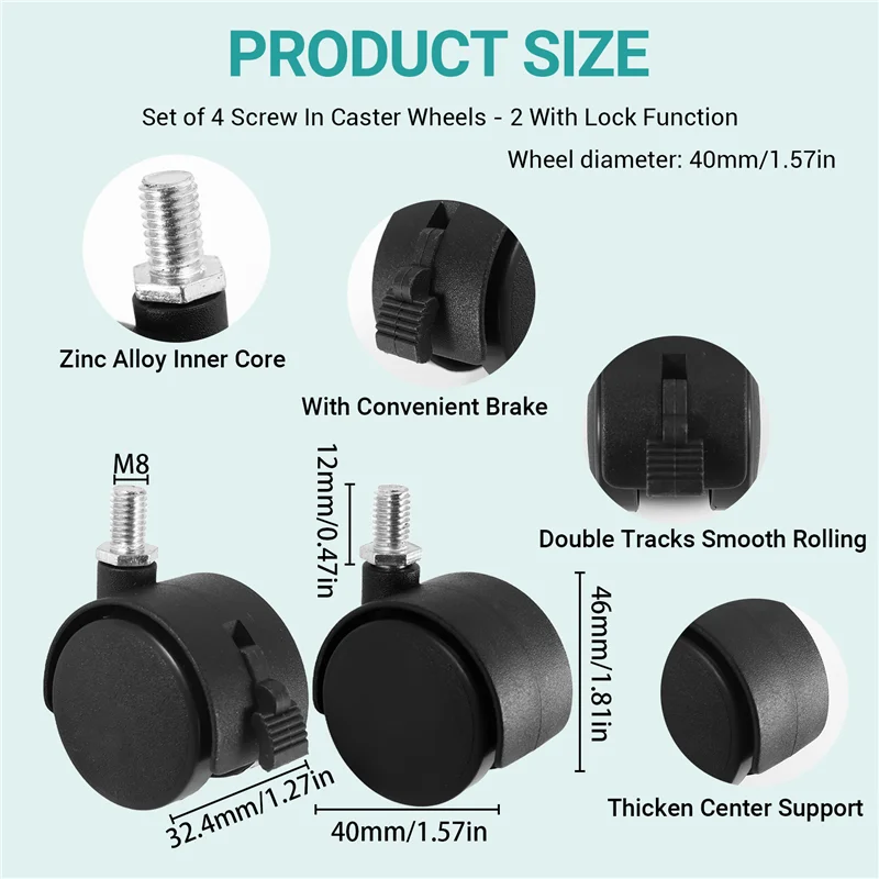 A26F-Set Of 4 Screw In Caster Wheels - 2 With Lock Function